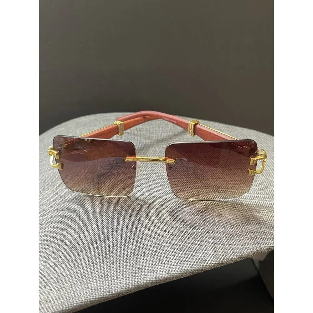 Sunglasses Unisex Square Wood Grain Style Frame Brown UV 400 Gold Tone Cheetah